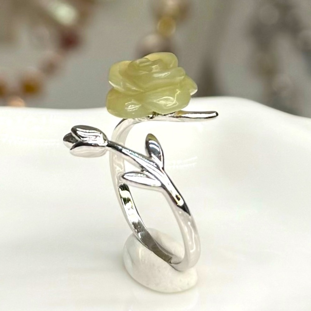 RJD14 Handmade Natural OLIVE JADEITE Jade 3D Carved Rose Ring 18K WhiteGold S925